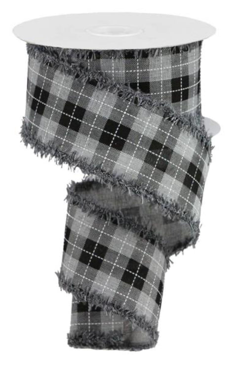Gray & Black Plaid w/ Fraied Edge Wired Ribbon - 2.5" x 10yds
