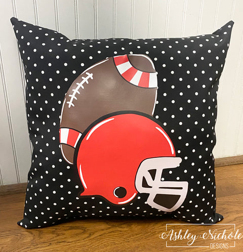 Custom Pillow - Game Day Football & Helmet Pillow on Black & White Mini Dot Outdoor Fabric