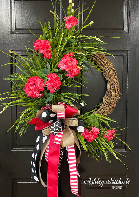 Geranium and Grasses 18" Round Wreath - PINK Version