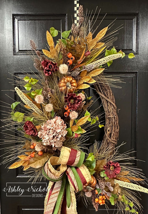 Glamourous Poppy, Pine & Pumpkins Wreath