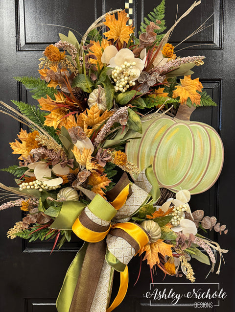 Golden Leaves of Fall Pumpkin Wreath