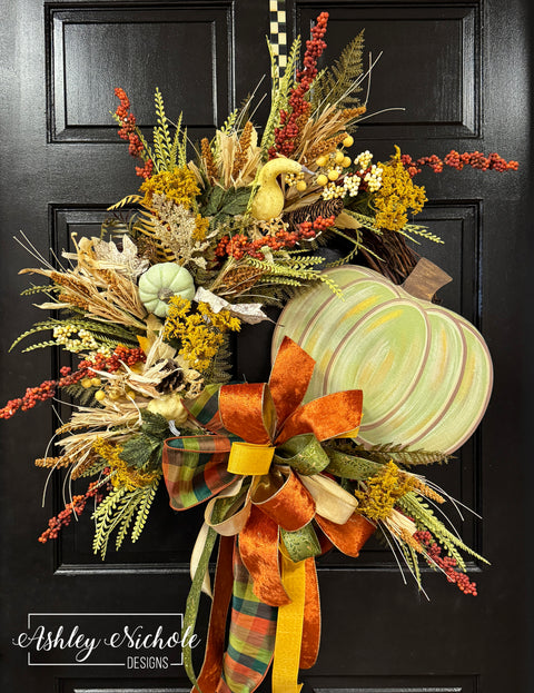 Green Pumpkin in the Patch Wreath