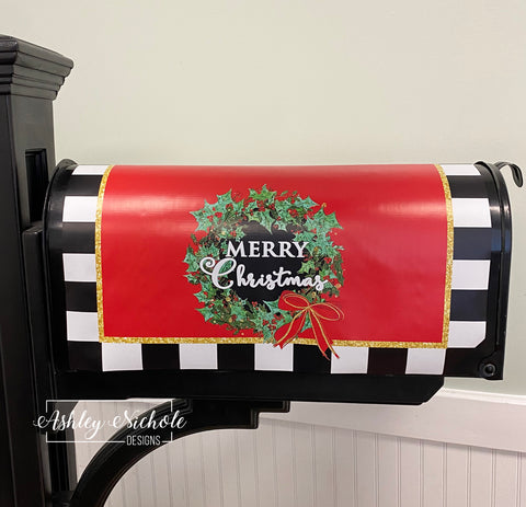 Holly Wreath - Merry Christmas - Magnetic Vinyl Mailbox Cover
