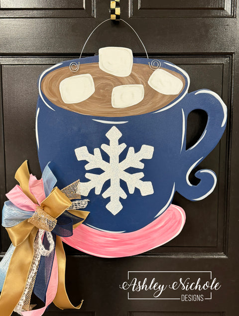 Hot Chocolate Mug Door Hanger - Navy/Pink - (Hand Painted)