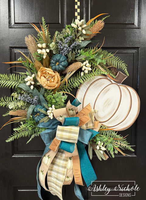 Hues of Blues & Creams Pumpkin Fall Wreath
