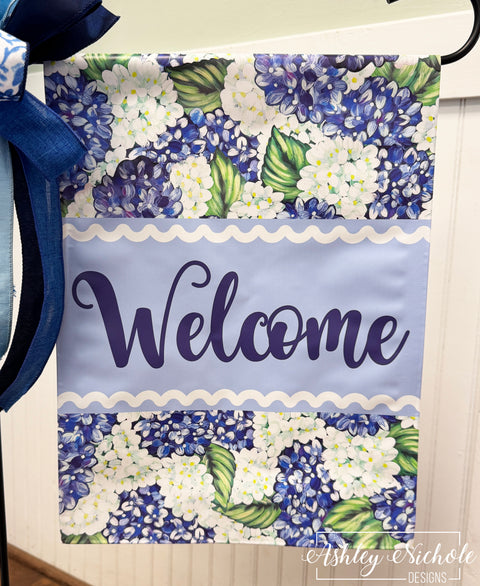 Hydrangea BLUE & WHITE Floral Welcome - Vinyl Garden Flag