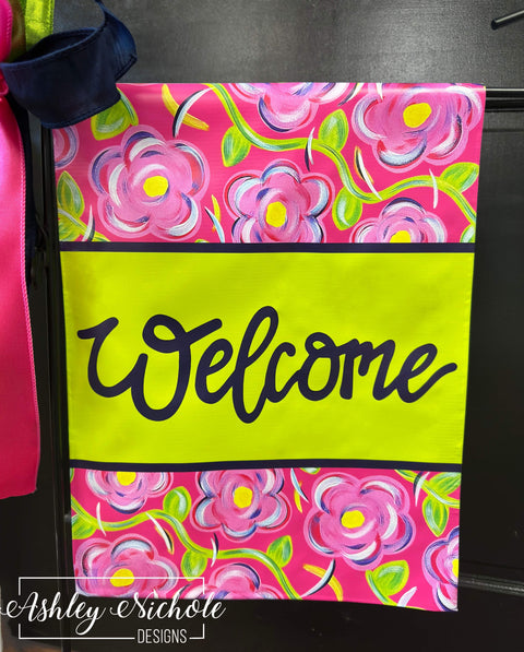 Pink Floral Welcome - Vinyl Garden Flag