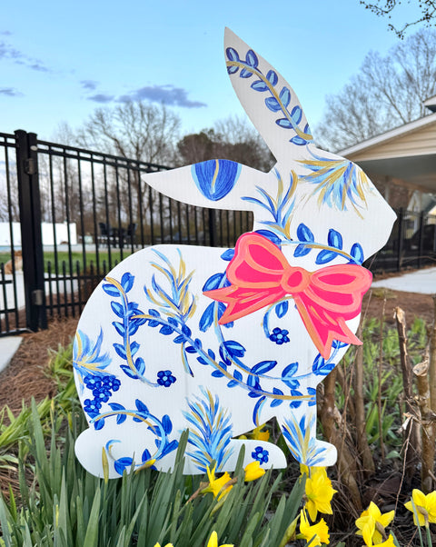 Chinoiserie Inspired Sitting Bunny (BLUE) - Easter - Corrugated Coroplast Yard Stake