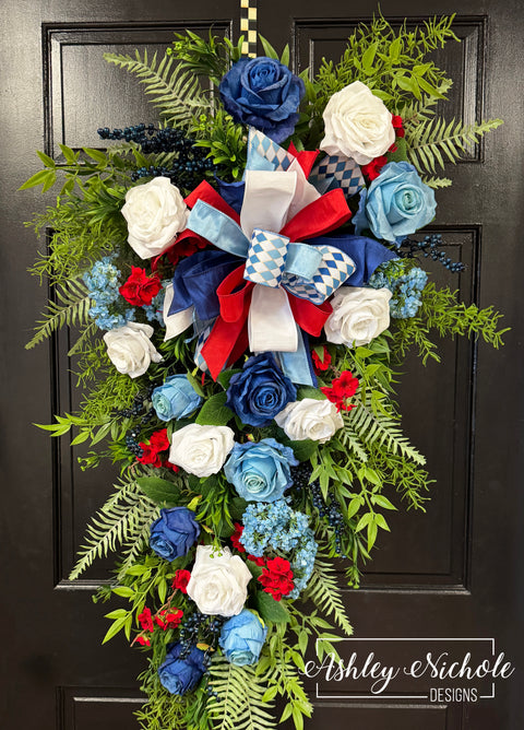 Blue Rose Bouquet Patriotic Teardrop Swag