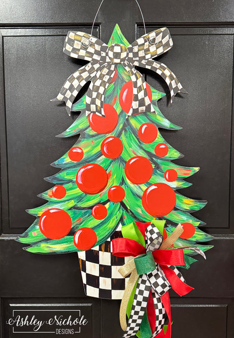 Christmas Tree - CHECKERED Bow - Door Hanger (UV Printed)