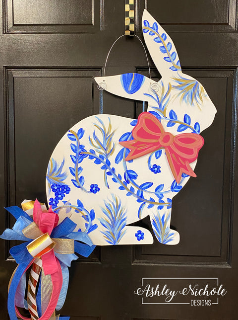 Chinoiserie Inspired Sitting Bunny Door Hanger (BLUE)