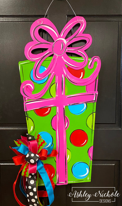 Whimsical Christmas Gift Box Door Hanger (Hand Painted)
