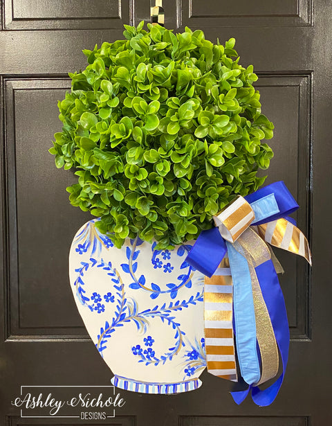 Ginger Jar with Topiary Door Hanger - Blue