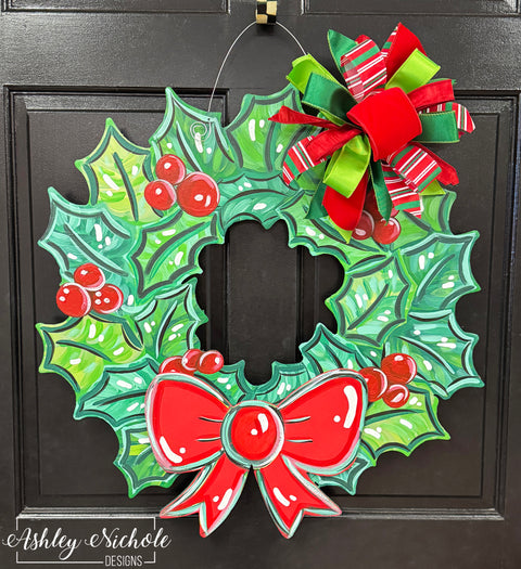 Christmas Holly Wreath - Door Hanger (UV Printed)