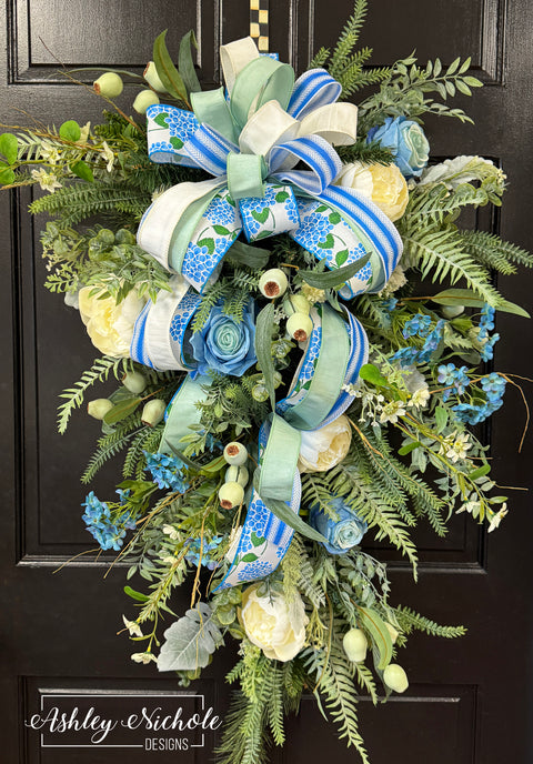 Elegant Blue Rose Floral Teardrop Swag - 36"