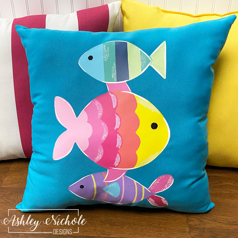 Custom Pillow - Tropical Fish Stack on Turquoise Outdoor Fabric