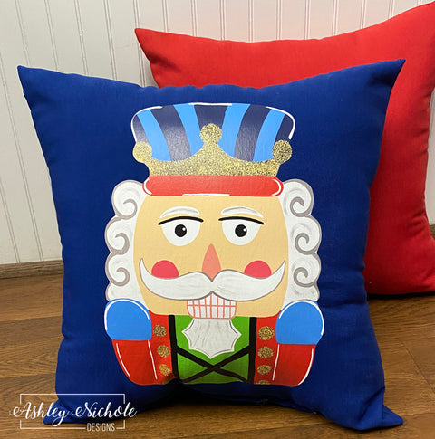 Custom Pillow - Colorful & Fun Nutcracker on Royal Blue Outdoor Fabric