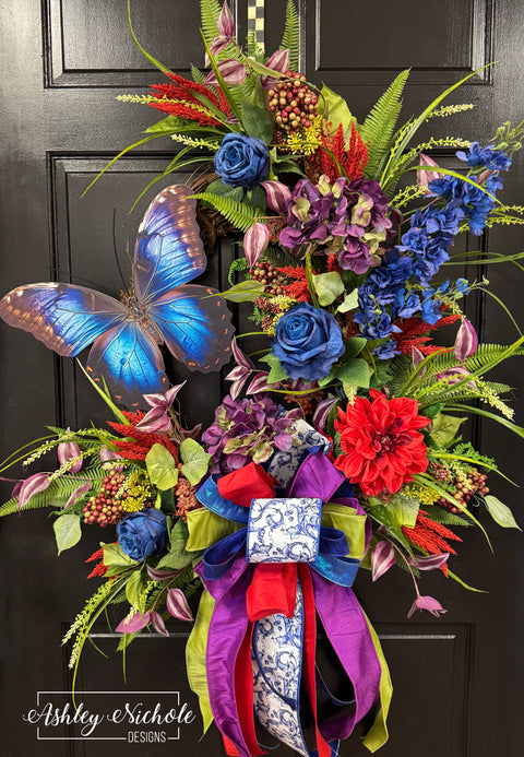 Bold Blue Butterfly Floral Wreath