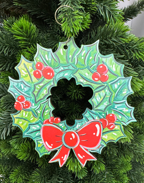 Christmas Holly Wreath - Wooden Christmas Ornament