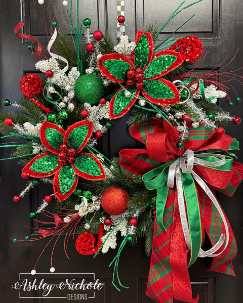 Sequin Poinsettia & Retro Style Christmas Wreath
