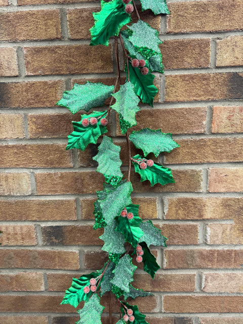 4' Metallic and Sugared Holly Leaves & Berries Garland - Green/Red