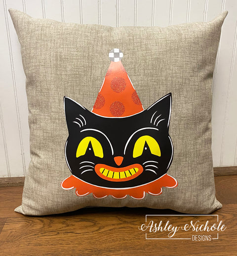 Custom Pillow - Retro Scaredy Cat Halloween Pillow on Beechwood Tan Outdoor Fabric