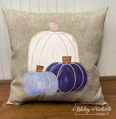 Custom Pillow - Cool Tones Pumpkins on Beechwood Tan Outdoor Fabric - (Navy/Cream/Chino Blue)