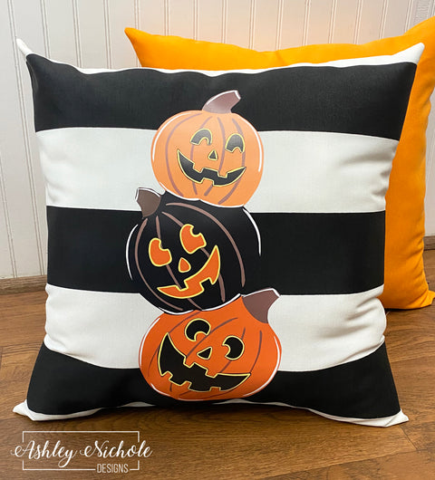 Custom Pillow - Happy Jack Stack Halloween on Black & White Stripe Outdoor Fabric