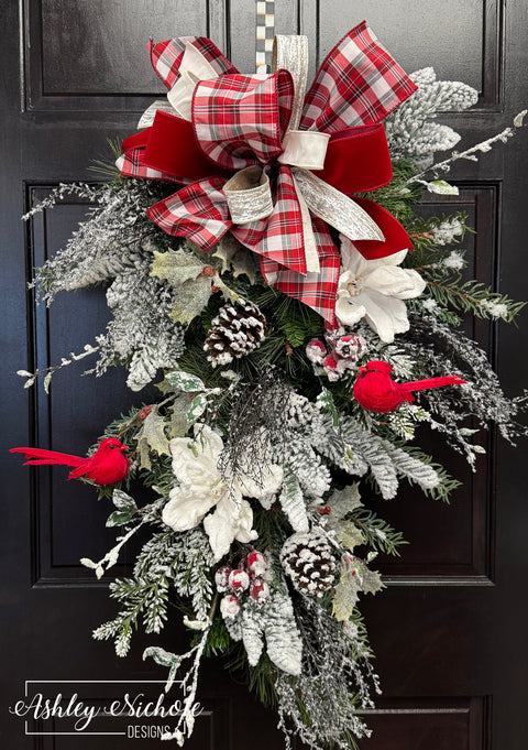 Snowy Cardinal and Plaid Winter Swag