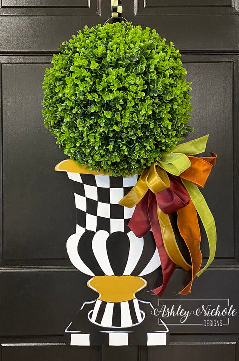 Black & White Urn Topiary Door Hanger (UV PRINTED ONLY) - Fall Bow