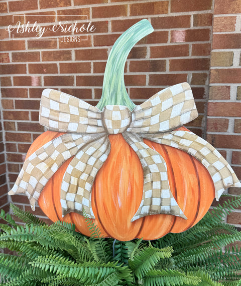Fancy Bow - TAN & WHITE CHECKERED - Pumpkin - Corrugated Coroplast Yard Stake