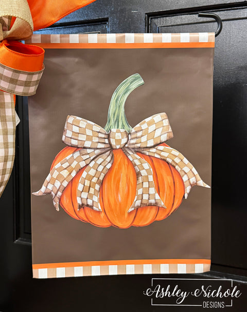 Fancy Bow - TAN & WHITE CHECKERED - Pumpkin - Vinyl Garden Flag