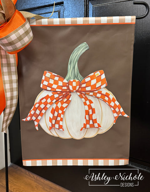 Fancy Bow - ORANGE & WHITE CHECKERED - Cream Pumpkin - Vinyl Garden Flag