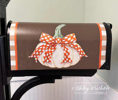 Fancy Bow - ORANGE & WHITE CHECKERED - Cream Pumpkin - Magnetic Vinyl Mailbox Cover