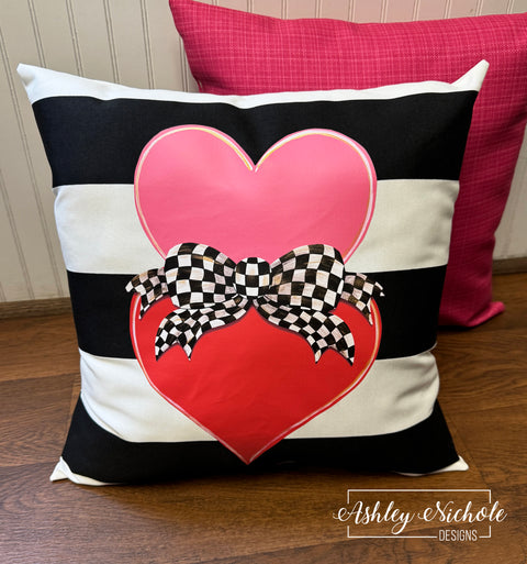 Custom Pillow - Fancy Bow - CHECKERED - Heart Stack on Black & White Stripe Outdoor Fabric