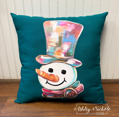 Custom Pillow - Winter Gentleman Snowman on Peacock Outdoor Fabric