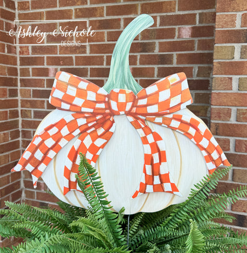 Fancy Bow - ORANGE & WHITE CHECKERED - Cream Pumpkin - Corrugated Coroplast Yard Stake