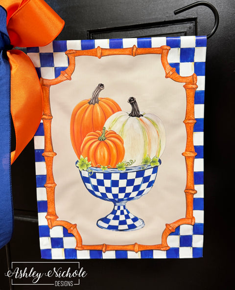 Blue Check Bowl of Pumpkins - Vinyl Garden Flag