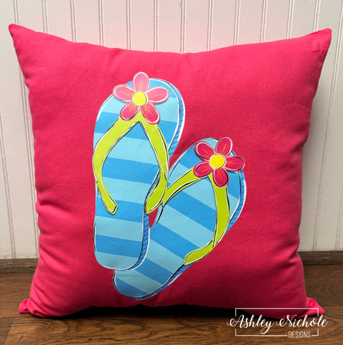 Custom Pillow - Summer Fun Flip Flops on Candy Pink Outdoor Fabric