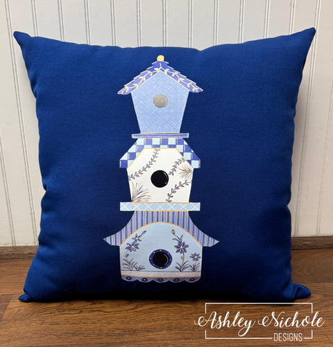 Custom Pillow - Birdhouse Condos Chinoiserie on Cobalt Blue Outdoor Fabric