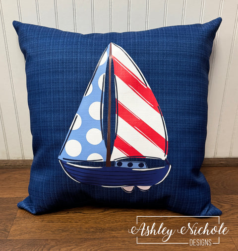 Custom Pillow - Nautical Sailboat on Courtyard Navy Outdoor Fabric