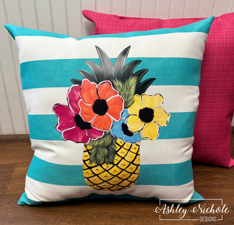 Custom Pillow - Tropical Pineapple on Ocean Stripe Outdoor Fabric