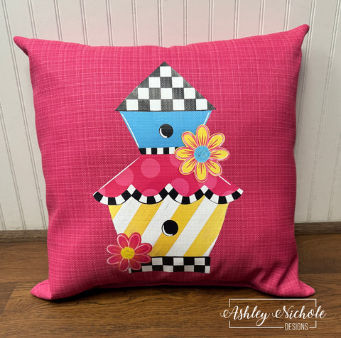 Custom Pillow - Birdhouse Condos - Bright & Colorful on Jazz Pink Outdoor Fabric
