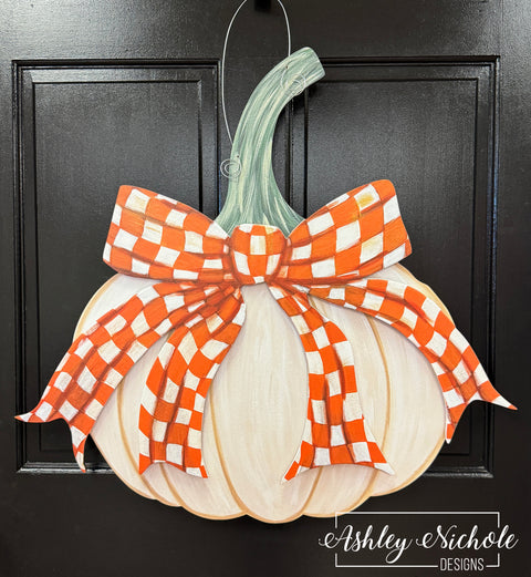 Fancy Bow - ORANGE & WHITE CHECKERED - Cream Pumpkin - Door Hanger (UV Printed)