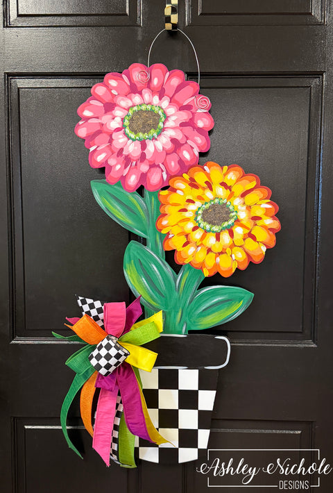 Cheerful Zinnia Flower Pot Door Hanger