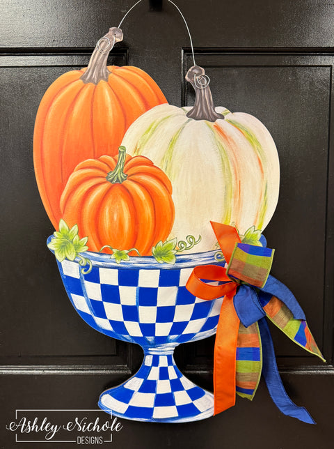 Blue Check Bowl of Pumpkins - Door Hanger - (UV Printed)