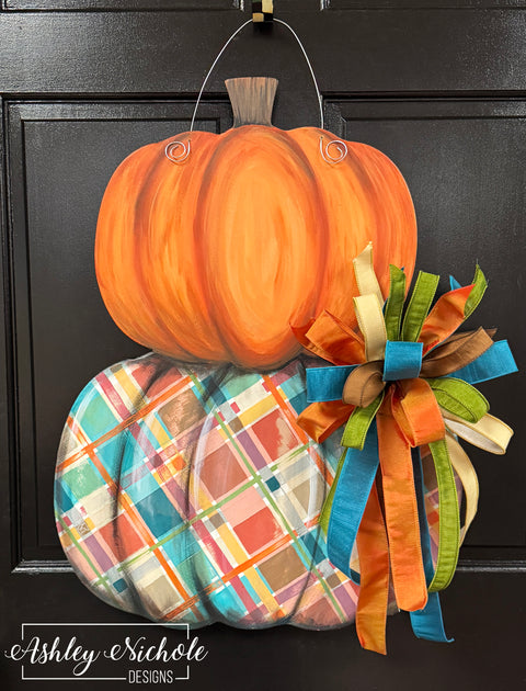 Harvest Plaid Pumpkin Stack - Door Hanger - (UV Printed)