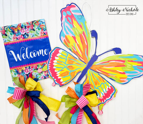 GIFT BOX Combo!! Abstract Butterfly Door Hanger, Vinyl Garden Flag and Small Bow