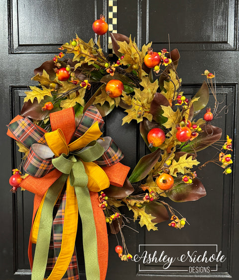 22" Magnolia Leaf & Pomegranate Wreath - with BOW