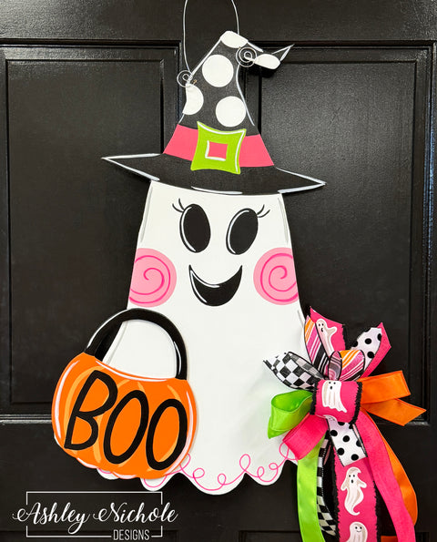 Bougie Boo Ghost Halloween Door Hanger (Hand-Painted)